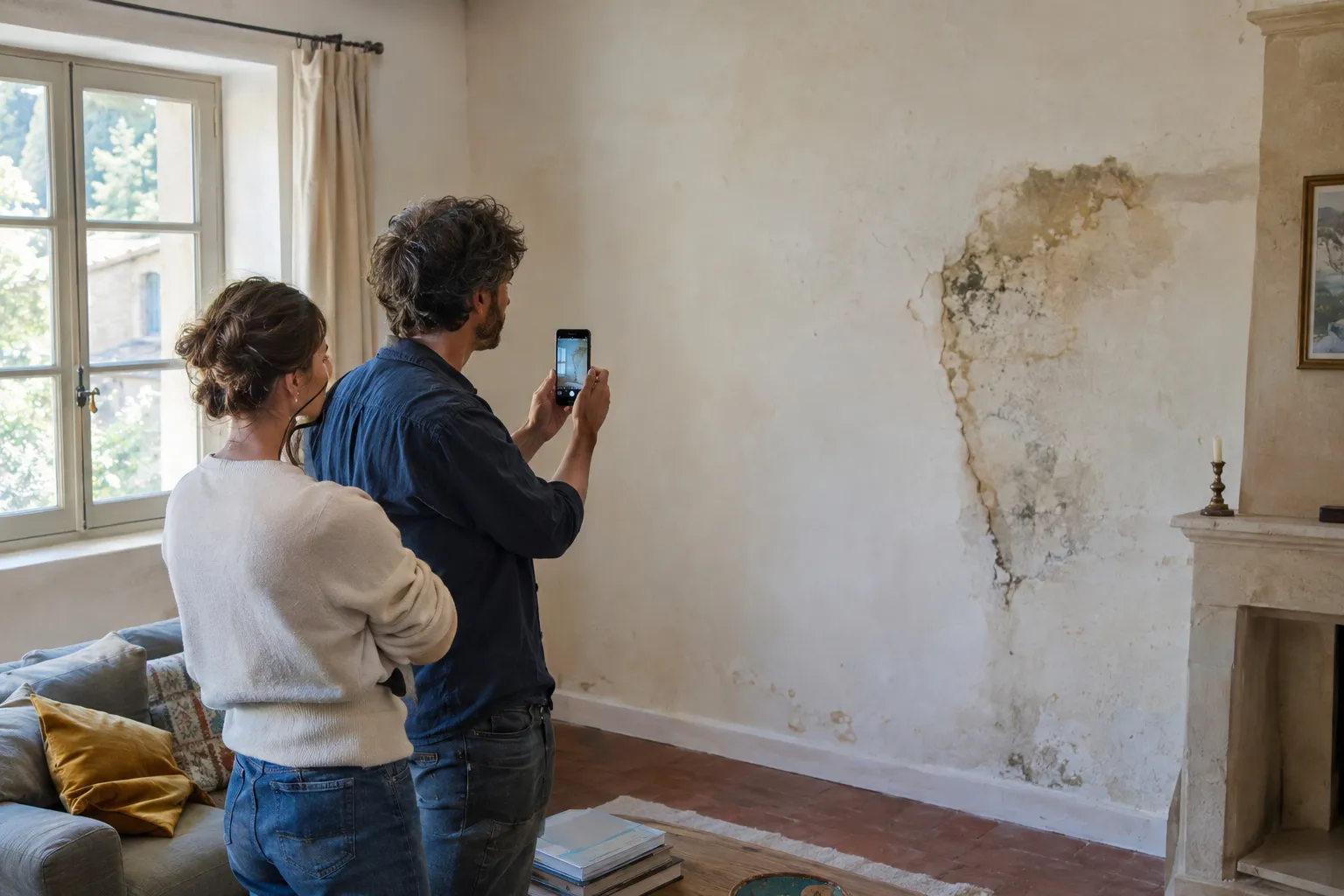Un couple photographie ses pièces à rénover avec un téléphone pour demander un devis