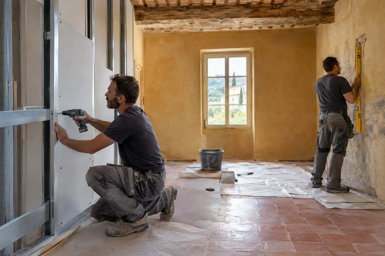 Nos artisans montent une cloison et contrôlent les aplombs dans une pièce en rénovation