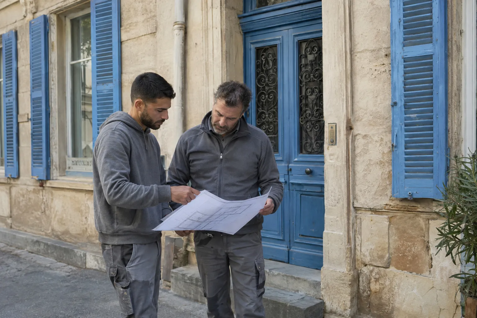 Séjour d’un appartement ancien marseillais en cours de rénovation : murs enduits, parquet protégé, fenêtre ouverte sur les toits et la lumière du sud.