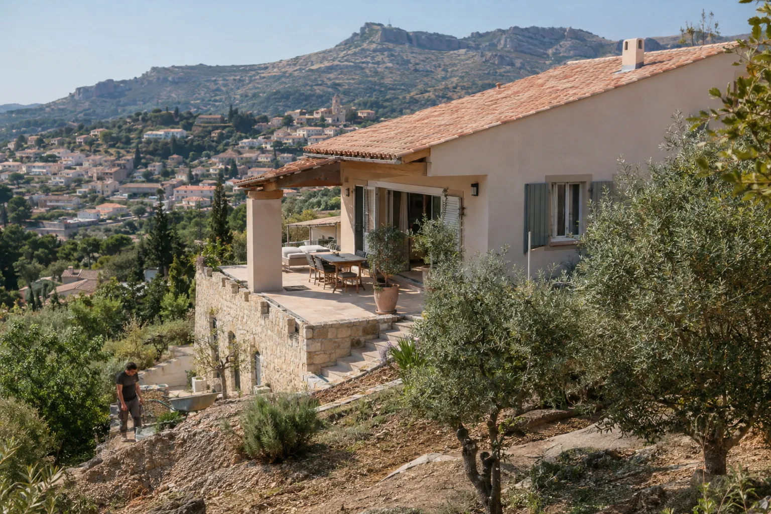 Villa en pierre et enduit ocre avec terrasse sur un terrain en pente planté d’oliviers, au-dessus d’un village des collines d’Allauch ; un ouvrier travaille au premier plan.