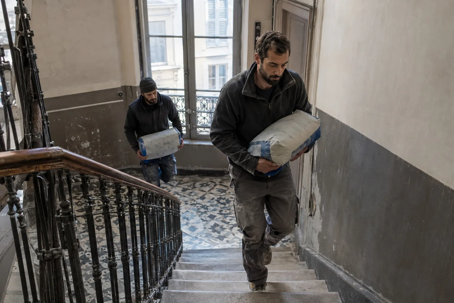 Pièce haute de plafond d’un immeuble ancien du centre de Marseille en travaux : moulure au plafond, parquet ancien protégé par un film, fenêtre haute et mur partiellement enduit.