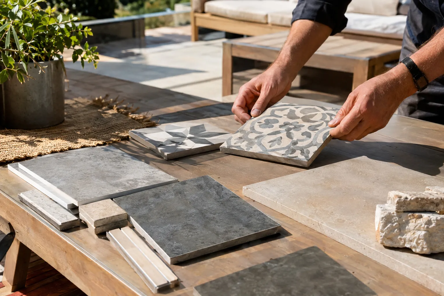 Mains d’artisan présentant un carreau de ciment à motifs, posé parmi d’autres échantillons de grès cérame, de pierre et de travertin sur une table de terrasse.