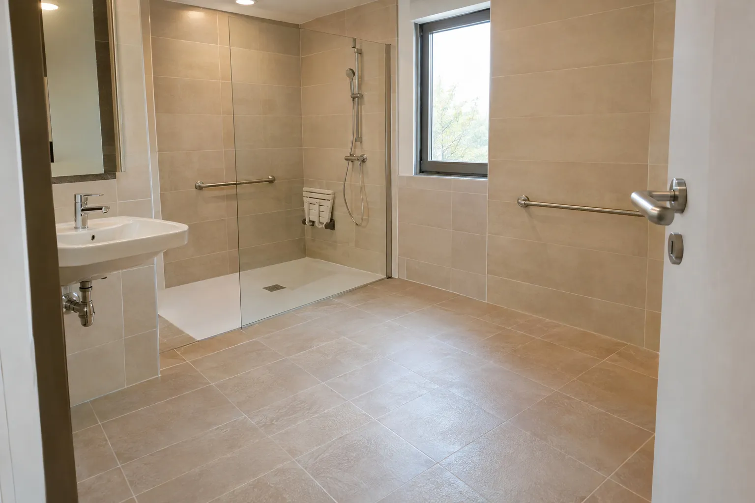 Salle de bain adaptée : douche à l’italienne avec receveur extra-plat, paroi en verre, barre d’appui, siège rabattable et porte large devant laquelle une femme âgée en fauteuil roulant.