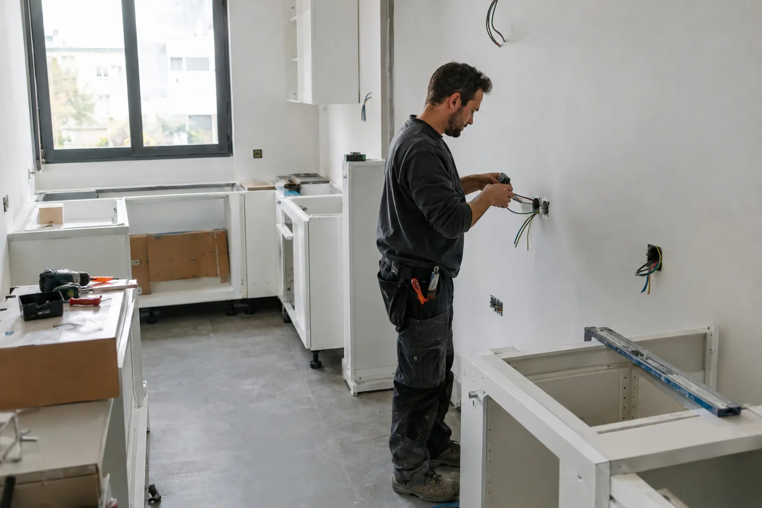 Une cuisine d’appartement en rénovation, caissons posés et électricien au travail, murs peints en blanc.