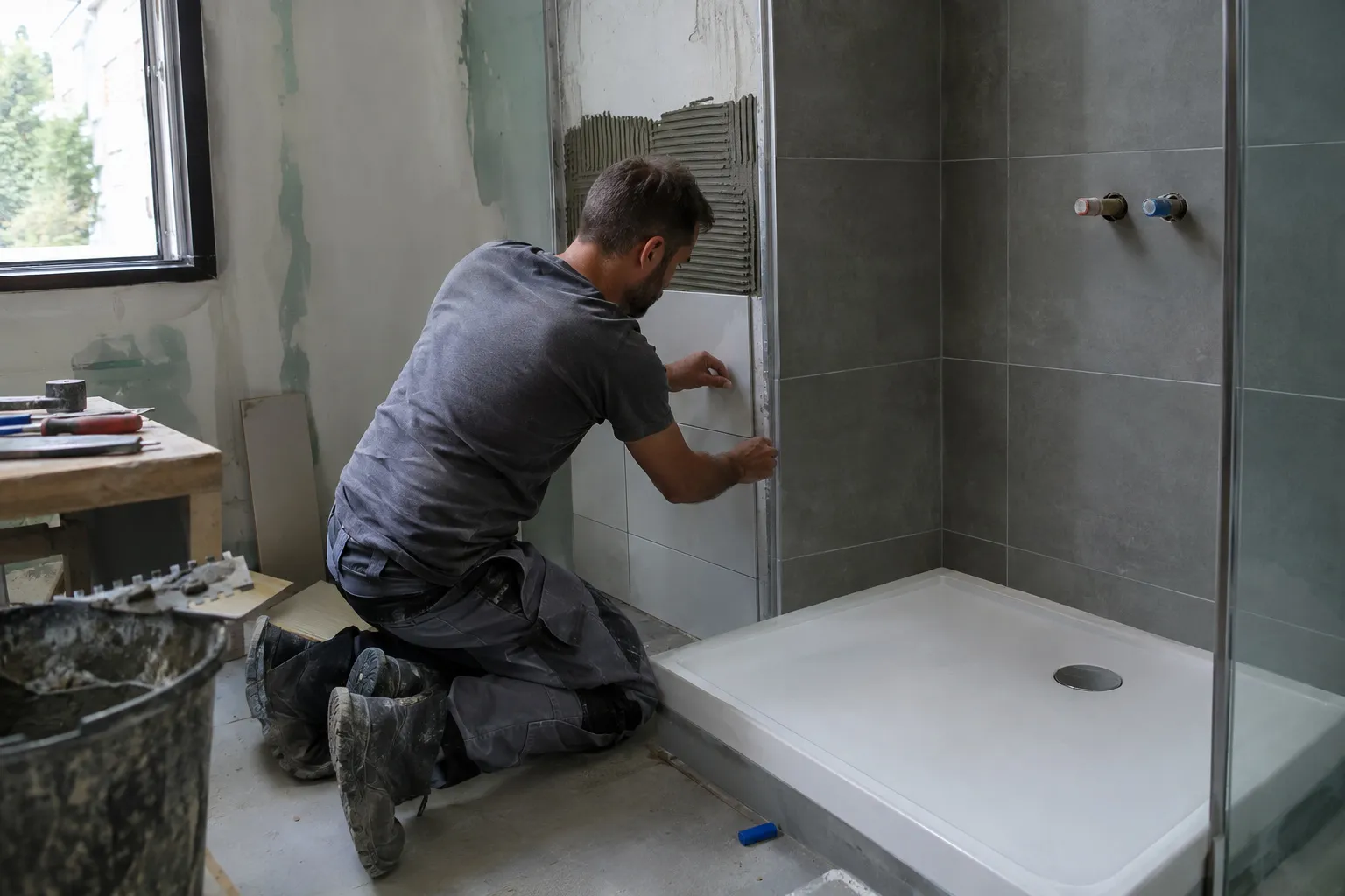 Un artisan pose la faïence d’une salle de bain en chantier, receveur de douche déjà installé.