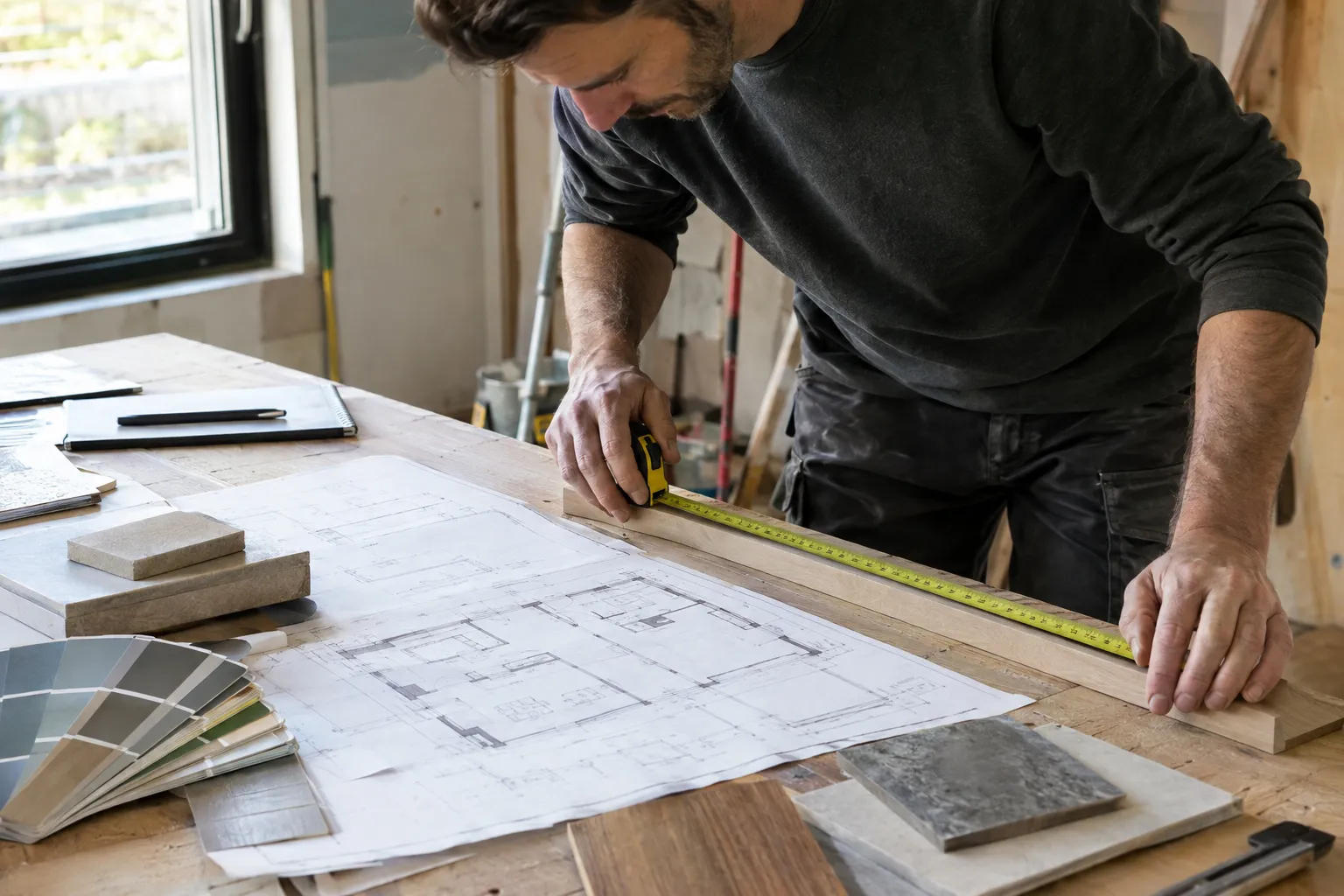 Artisan qui mesure une planche avec un mètre ruban sur un plan de logement, entouré d’échantillons de carrelage, de bois et d’un nuancier de peinture.