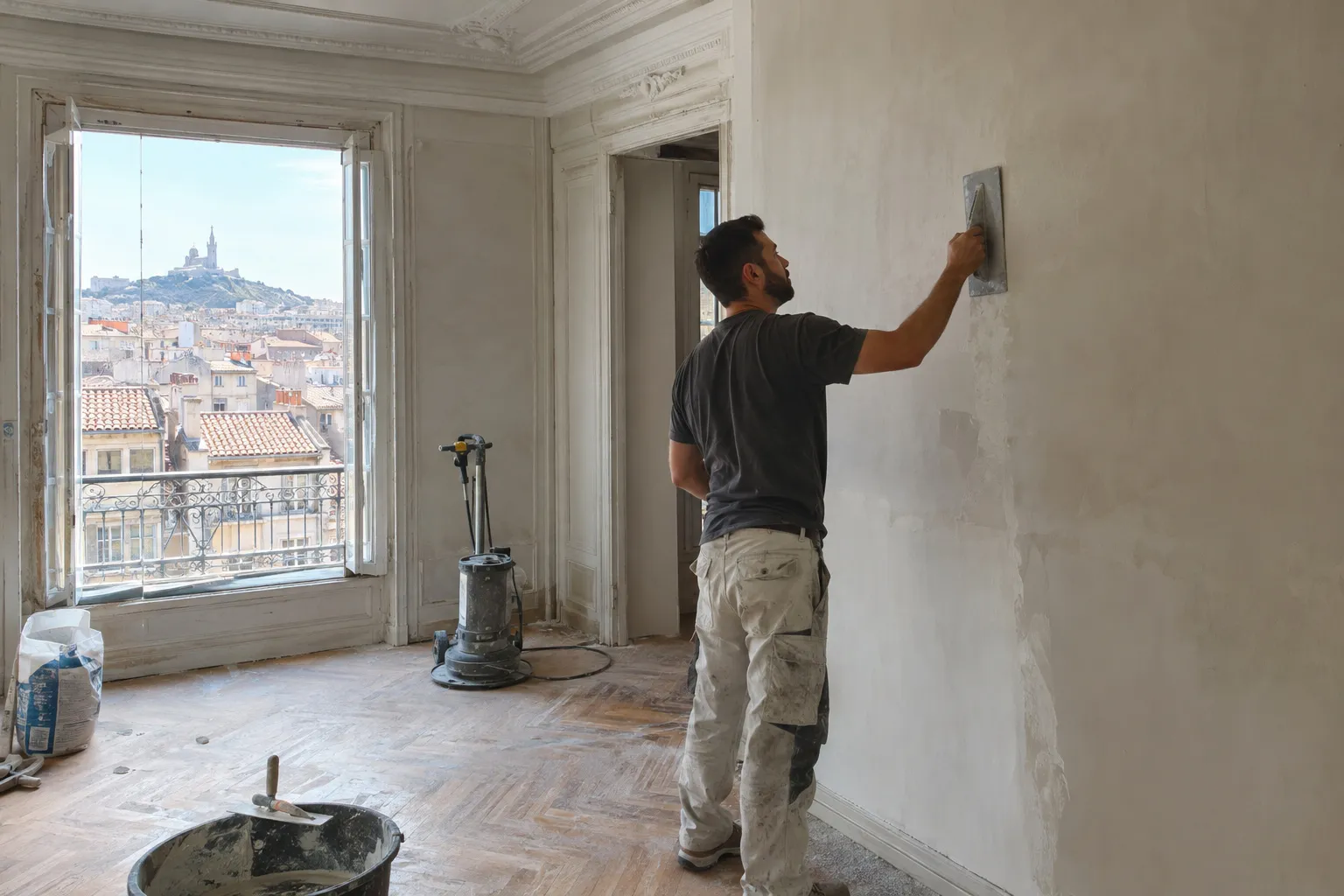 Chantier de rénovation d’un appartement ancien à Marseille : cloison en plaques de plâtre montée, gaines électriques apparentes, sol décapé et fenêtre à persiennes.