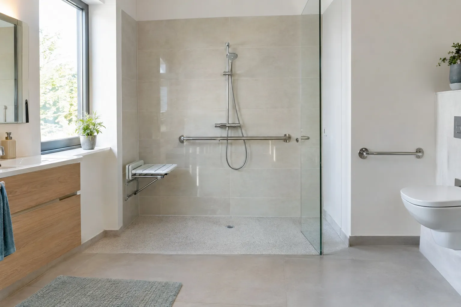 Salle de bain adaptée : douche de plain-pied avec siège rabattable, barre d’appui horizontale, grand carrelage clair antidérapant et WC suspendu avec barre.