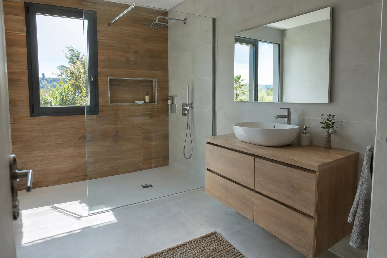 Salle de bain rénovée : douche à l’italienne fermée par une paroi de verre, mur en grès effet bois, grand carrelage gris, meuble vasque suspendu et vasque à poser.
