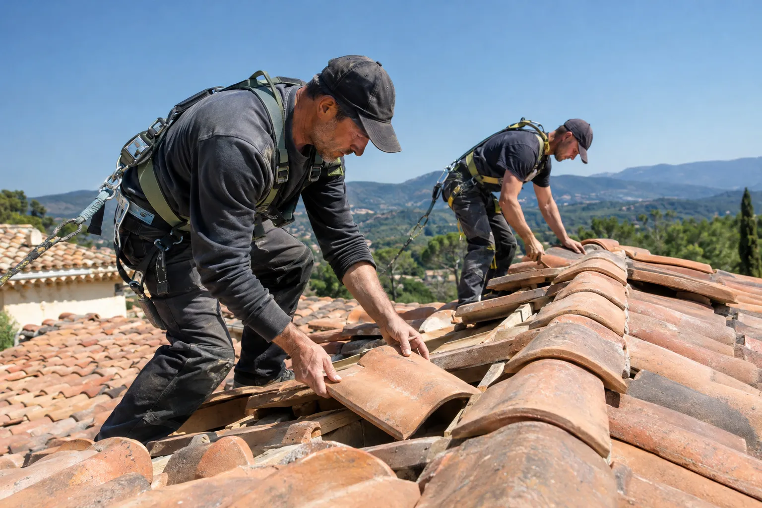 Deux couvreurs encordés posent des tuiles canal en terre cuite sur un toit, avec les collines provençales à l’arrière-plan.